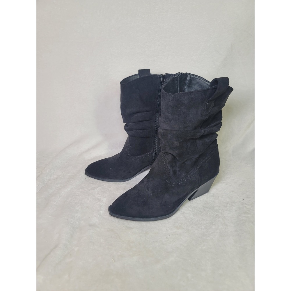 Y2K Bikercore Festival Black Faux Suede Slouchy Western Boots Boho Chic Size 7.5